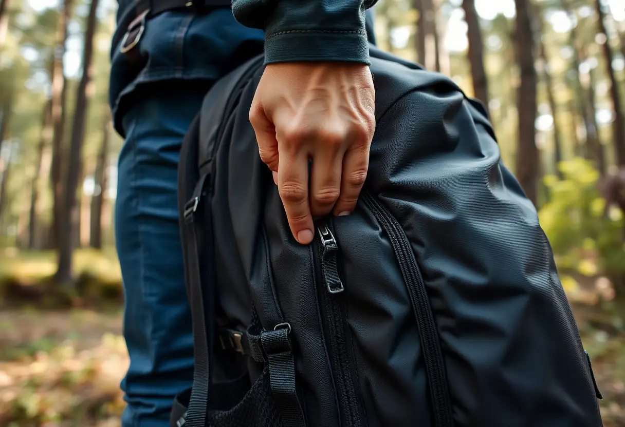 Une main de voyageur qui ferme la fermeture éclair d'un grand sac à dos dans une clairière boisée