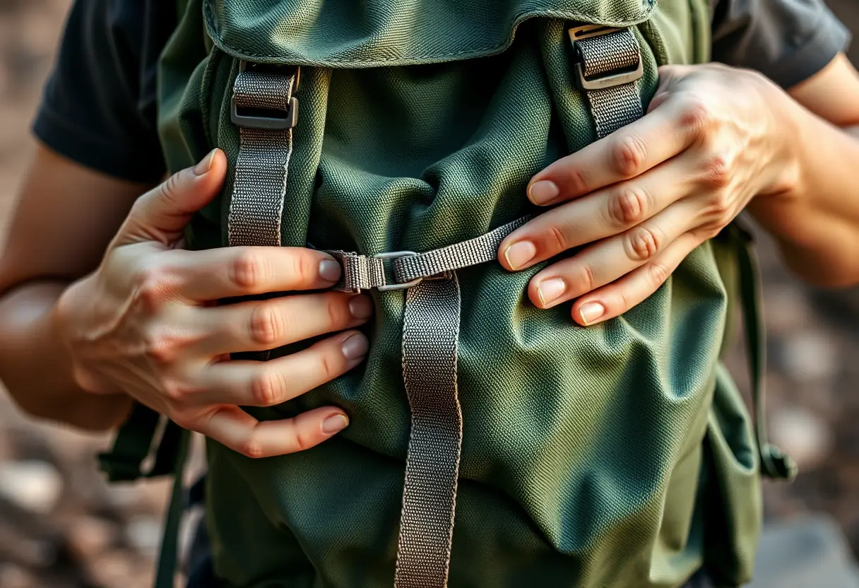 Des mains ajustant avec soin les sangles d'un sac à dos en toile verte, assurant un ajustement confortable pour randonner