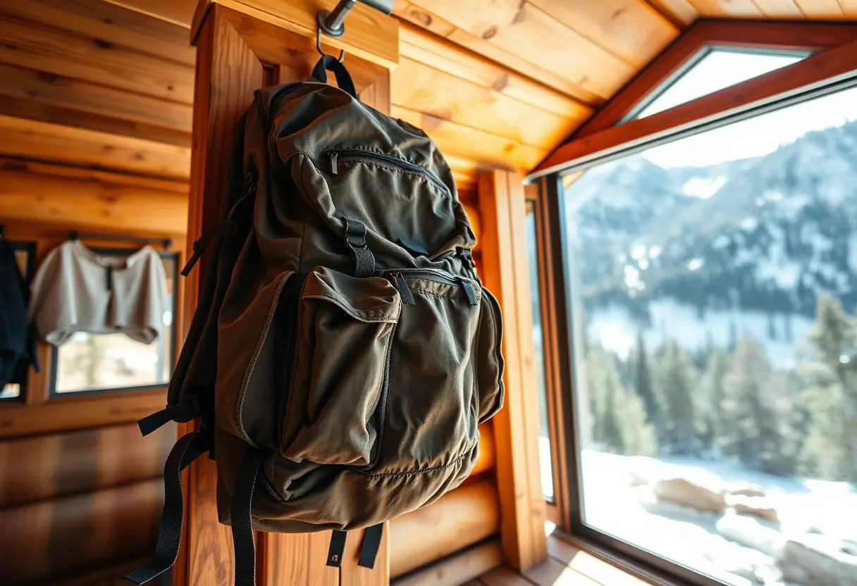 Un sac à dos de randonnée accroché dans une cabane de montagne.