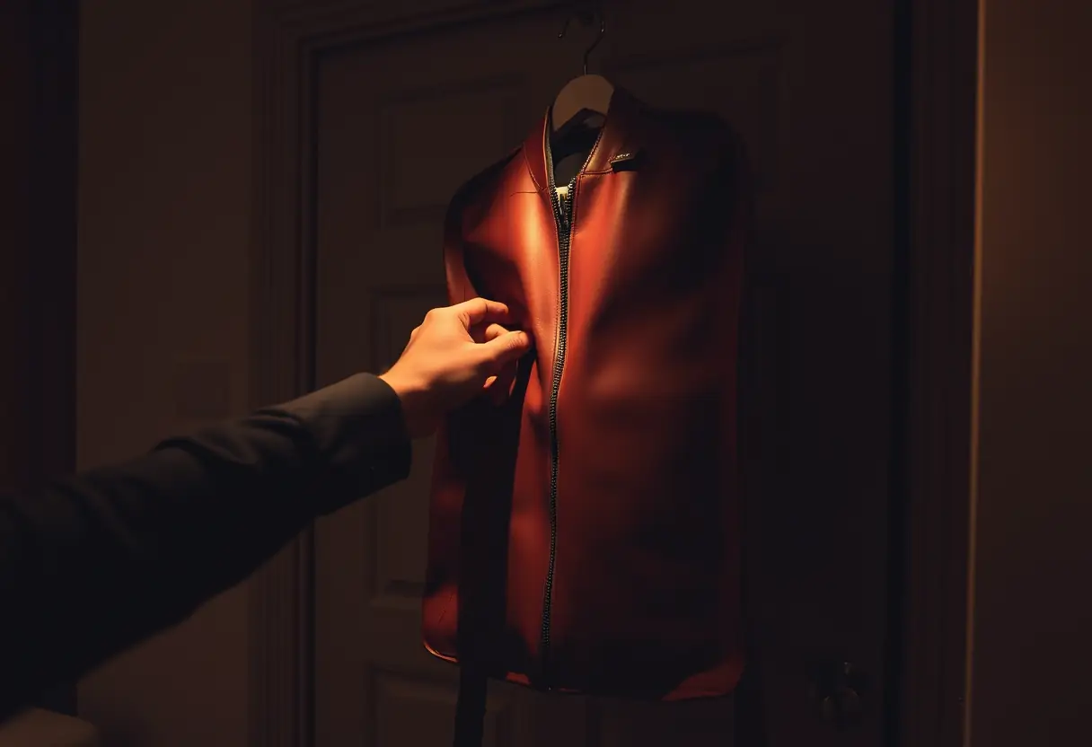 Une main dézipe un grand sac à vêtements en cuir dans une chambre d'hôtel.
