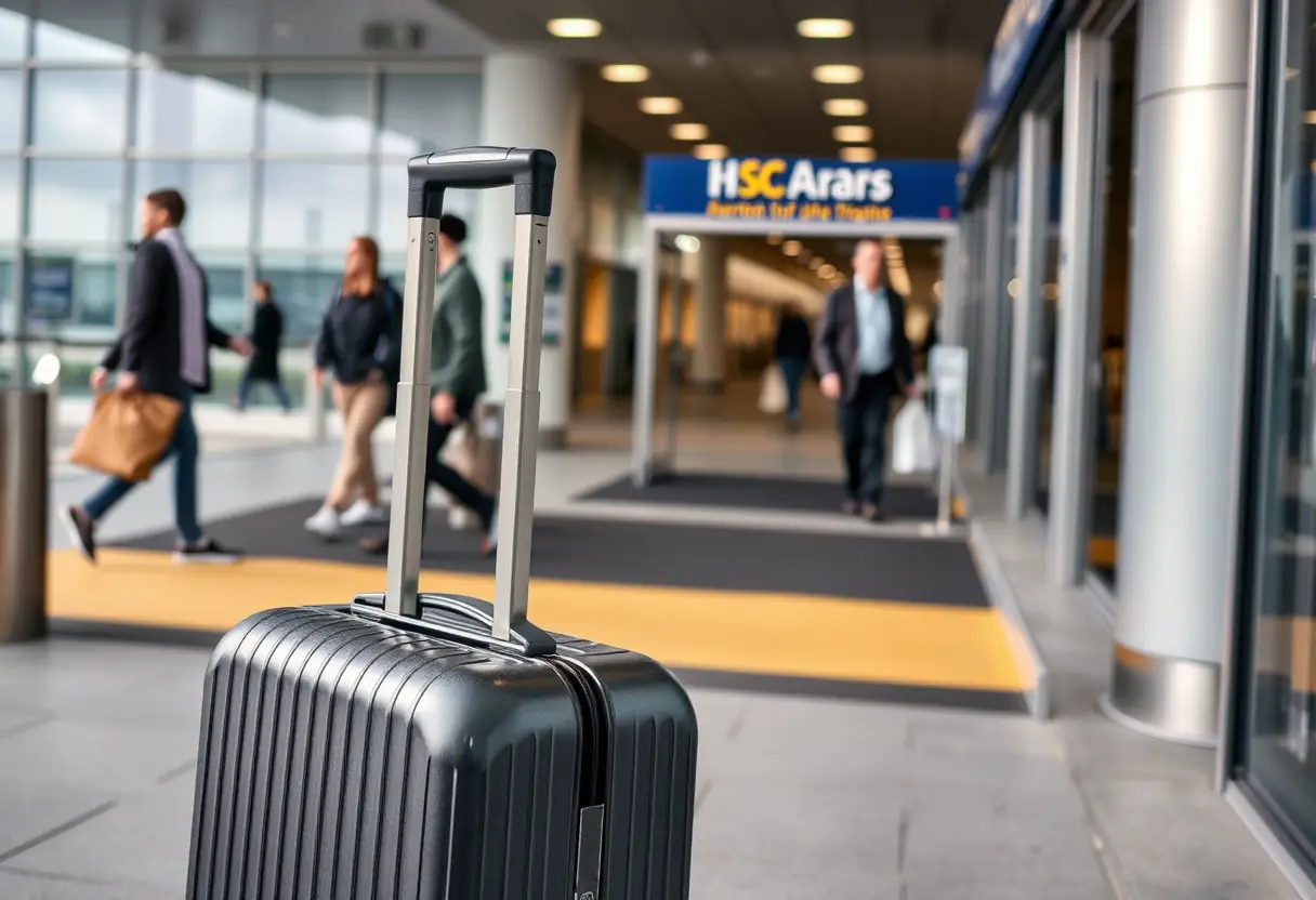 Une poignée télescopique qui dépasse d'une valise cabine de taille moyenne sur le trottoir devant une entrée d'aéroport