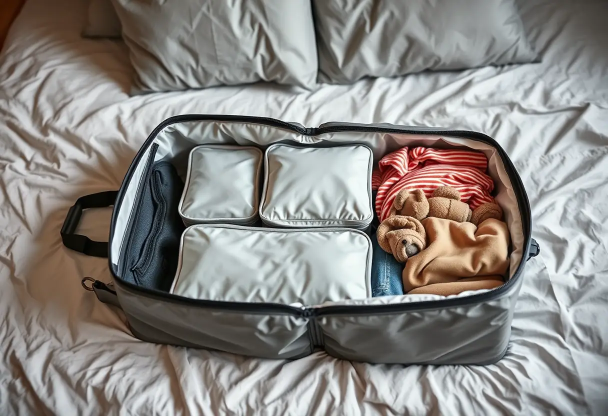 Des cubes de rangement disposés avec soin à l'intérieur d'une valise cabine ouverte sur un lit à la maison