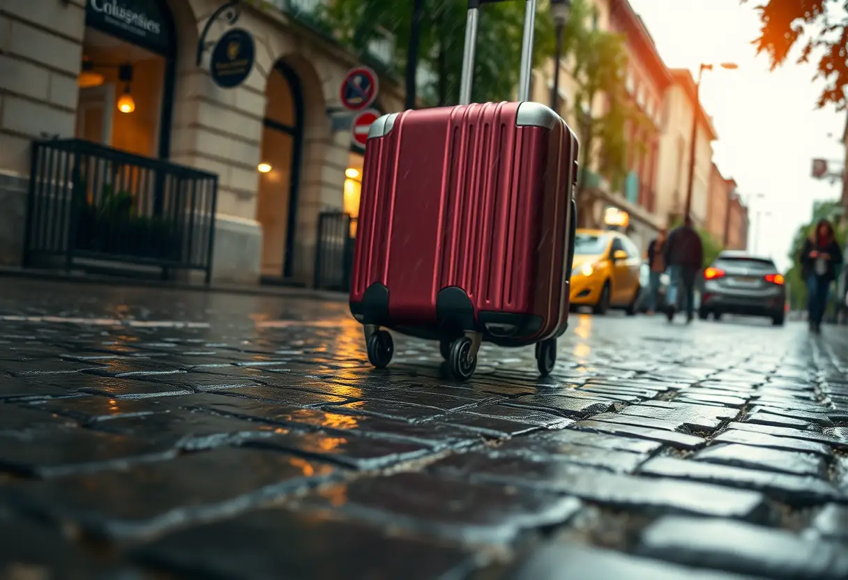 Des roues de valise tournant sur un trottoir en pavés mouillés après une averse estivale