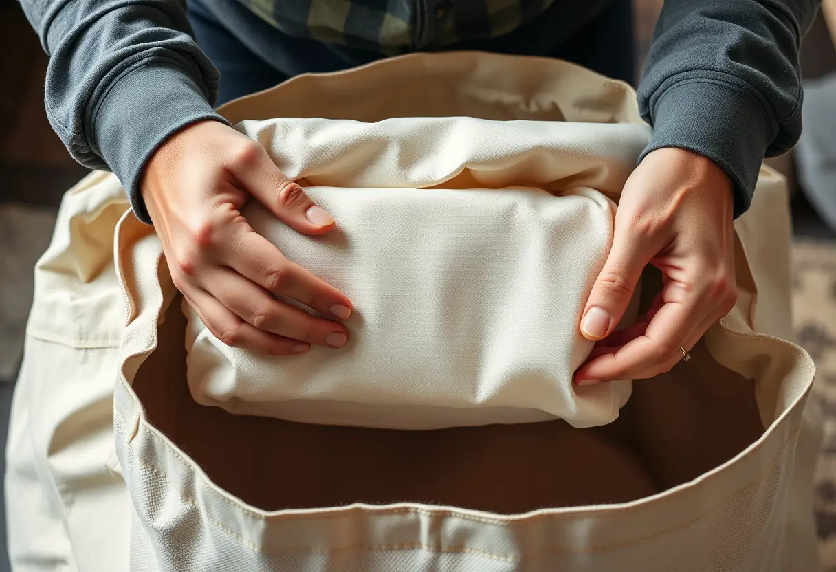 Mains qui plient soigneusement un tissu dans un grand sac en toile