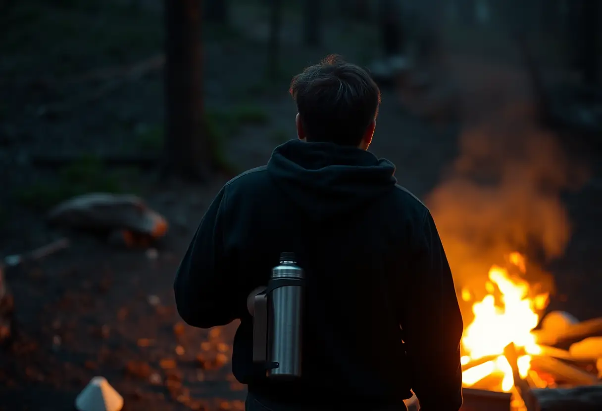 Personne tenant une bouteille métallique près d'un feu de camp