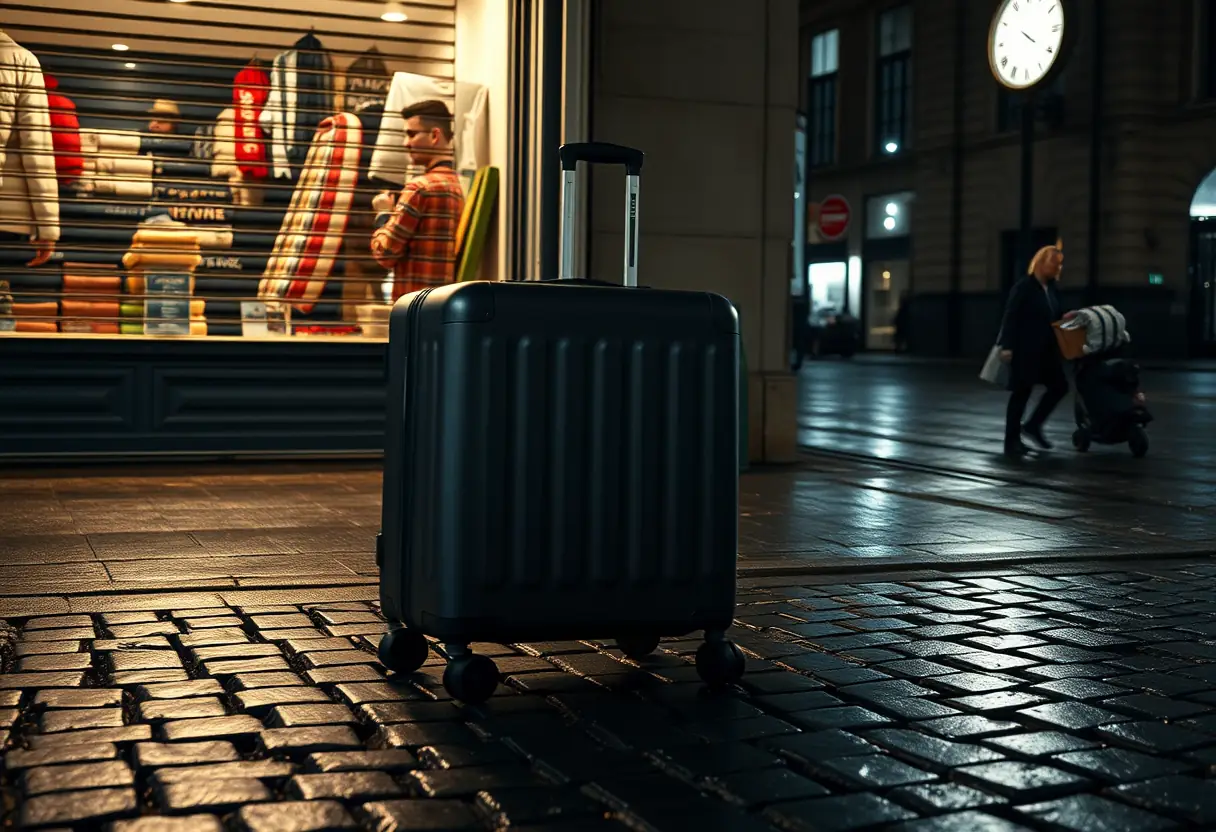 Les roues d'une valise tournant sur un pavé mouillé devant une boutique fermée la nuit