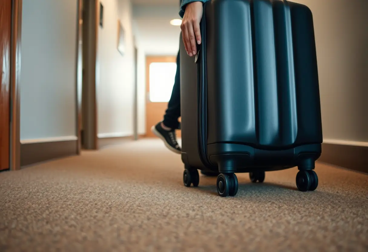 Une main qui tourne la poignée d'une valise à quatre roues sur un couloir moquetté