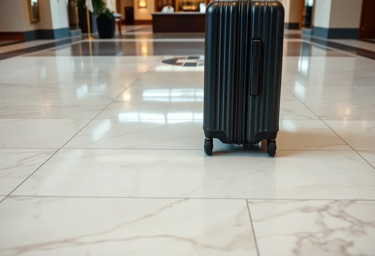 Des roues d'une valise de taille moyenne roulant sur un sol en marbre dans un hall d'hôtel, vue d'en-haut