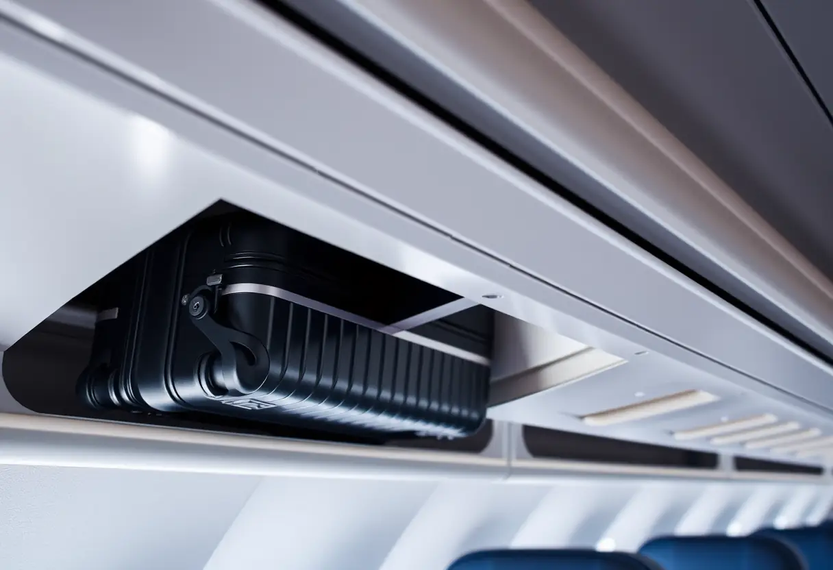 Une valise cabine rigide reposant juste devant la porte du compartiment supérieur d'un avion, parfaitement ajustée et prête à être fermée