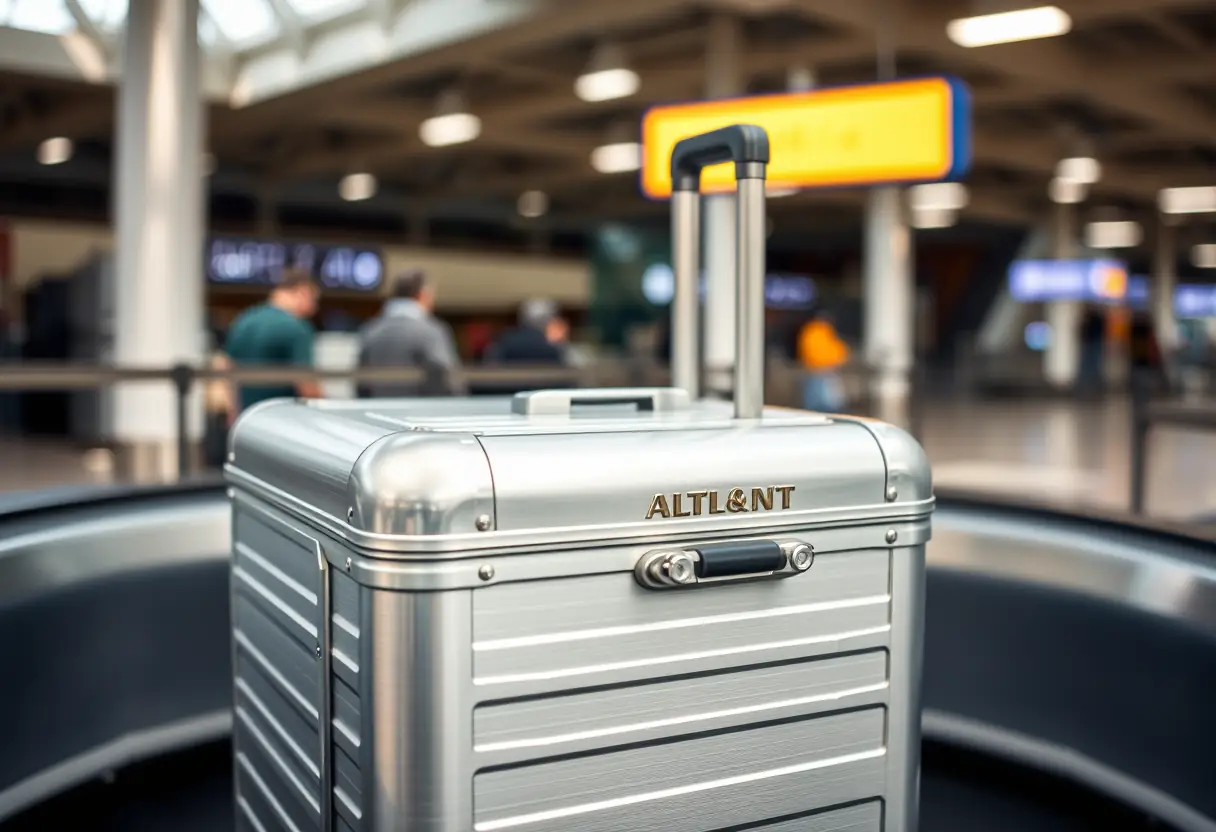 Un coffre en aluminium solide sur un tapis transporte à l'aéroport