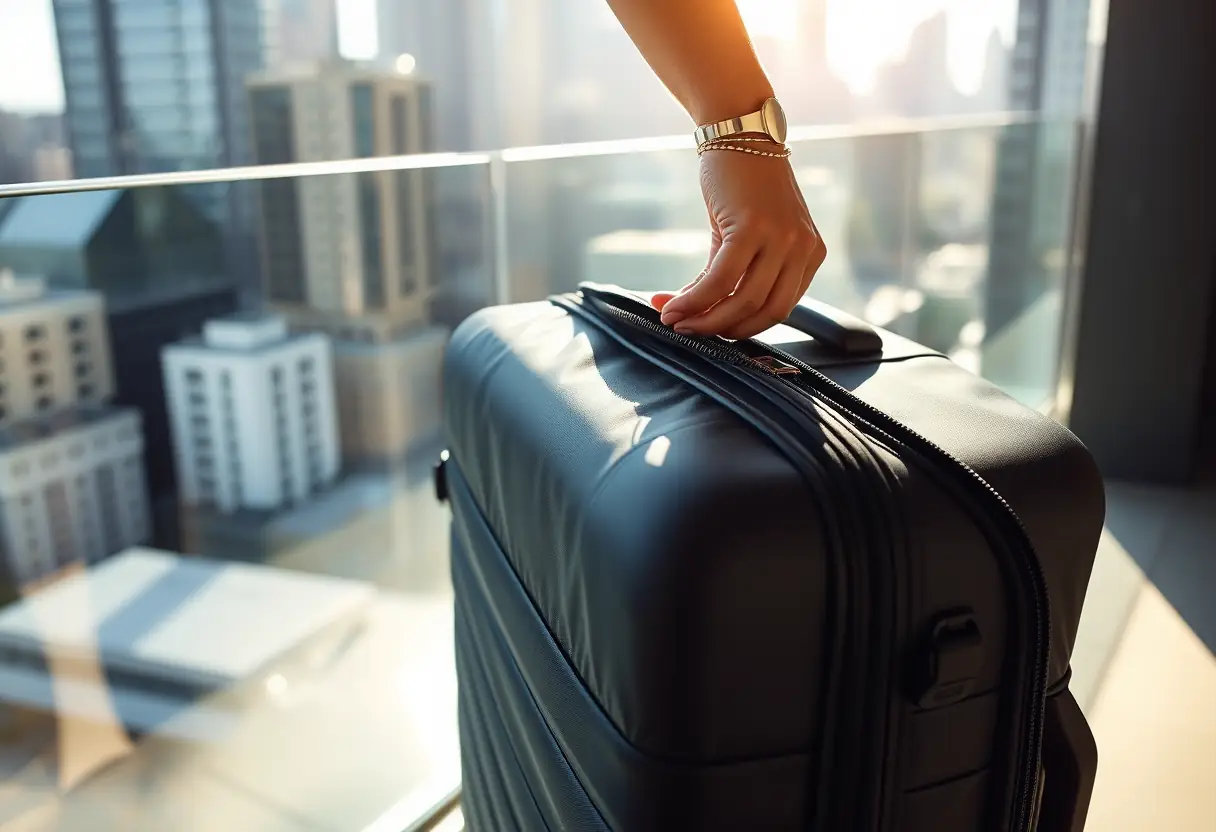Une main ferme la fermeture d'une grande valise en nylon sur un balcon d'hôtel, vue panoramique urbaine, matériau robuste.