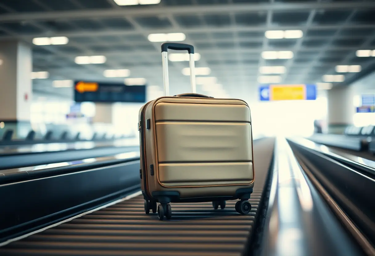 Une valise moyenne en polyester sur un tapis roulant d'aéroport, roues silencieuses, lumière douce.
