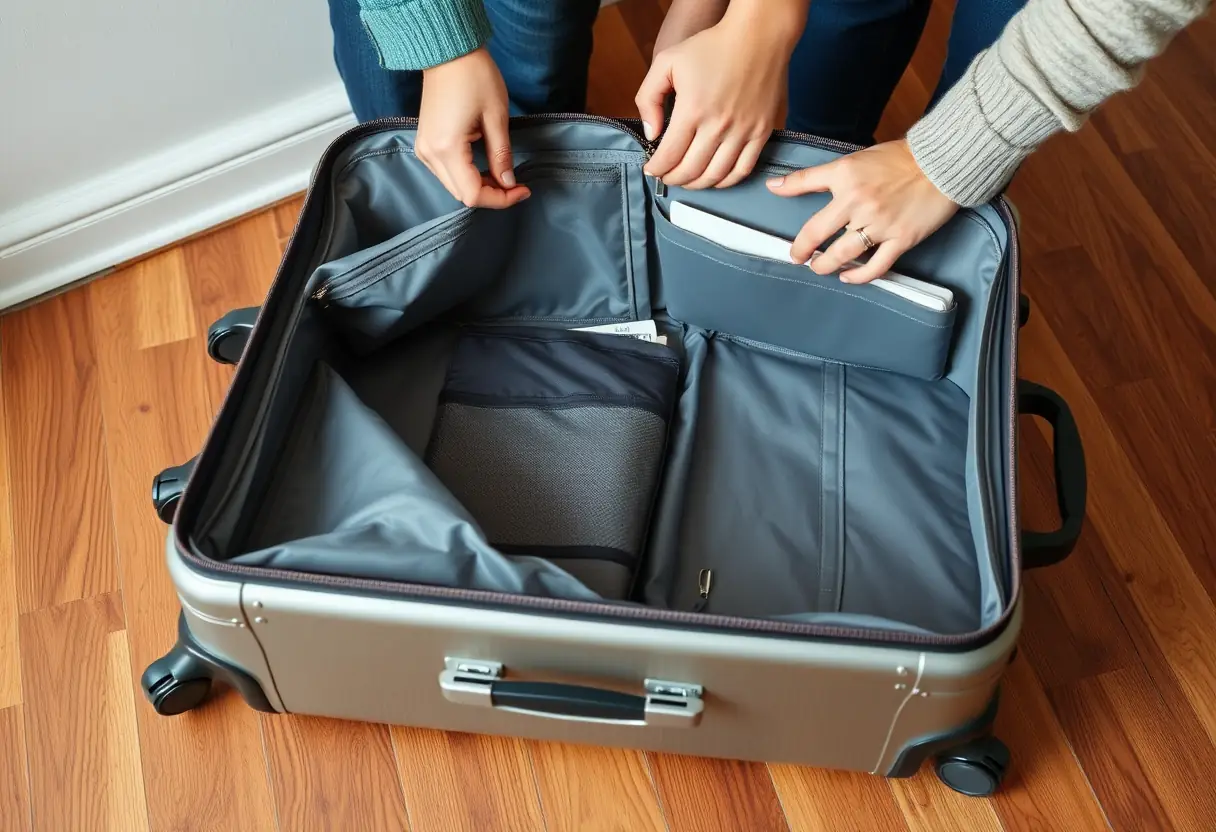Des mains zippant une valise rigide grande sur un plancher en bois dur, la valise étant presque pleine, avec quelques objets visibles à travers une poche transparente