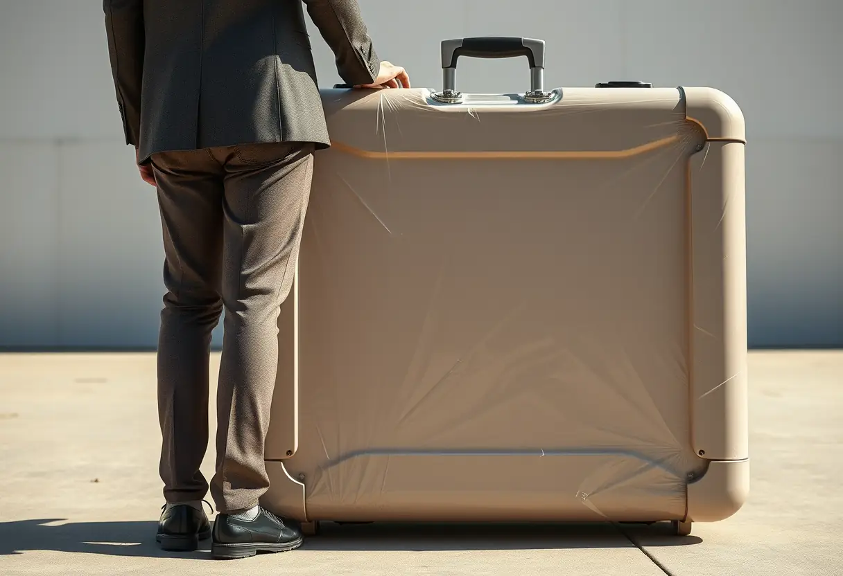 Une personne se tient près d'une grande valise robuste