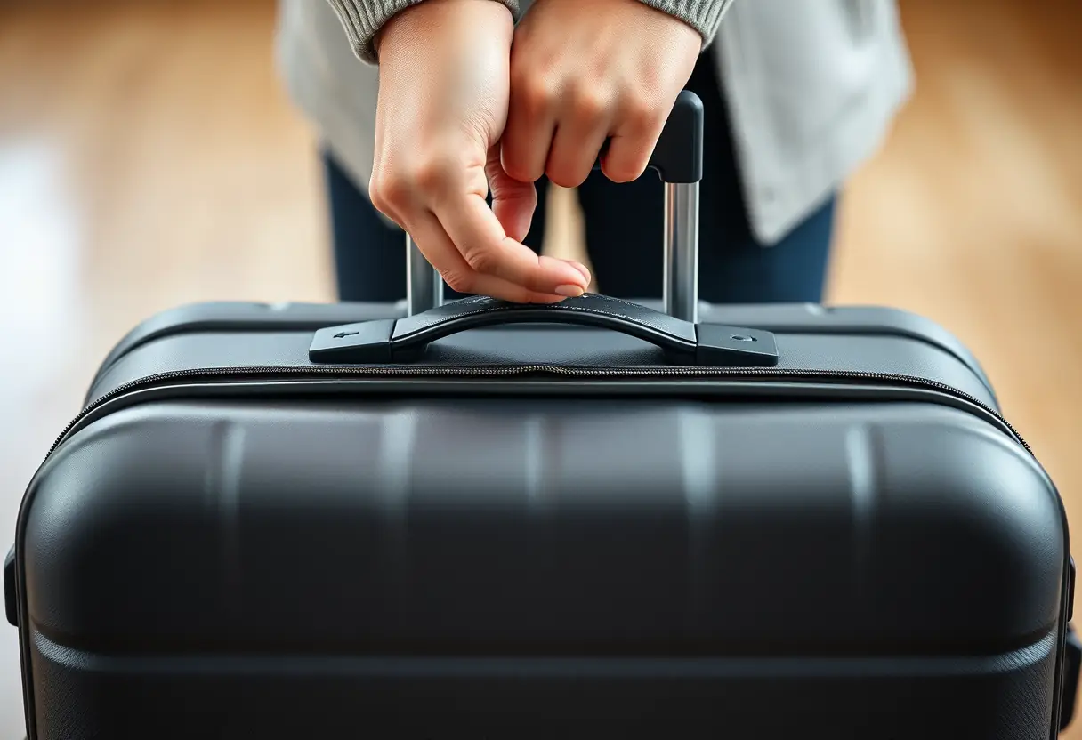 Une main ajustant la tirette d'une fermeture éclair sur un compartiment de valise fermée
