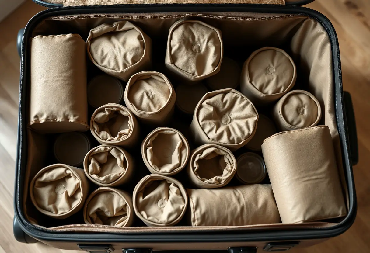 Des cubes de rangement circulaires bien alignés à l'intérieur d'une valise partiellement ouverte