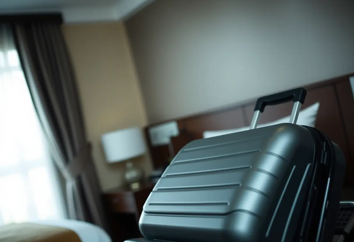 Dans une chambre d'hôtel, une valise rigide en plastique renforcé repose sur un porte-bagages.