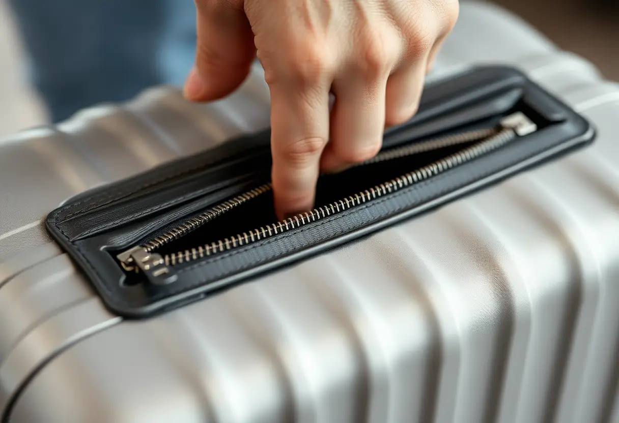 Une main refermant la fermeture éclair d'une valise cabine rigide