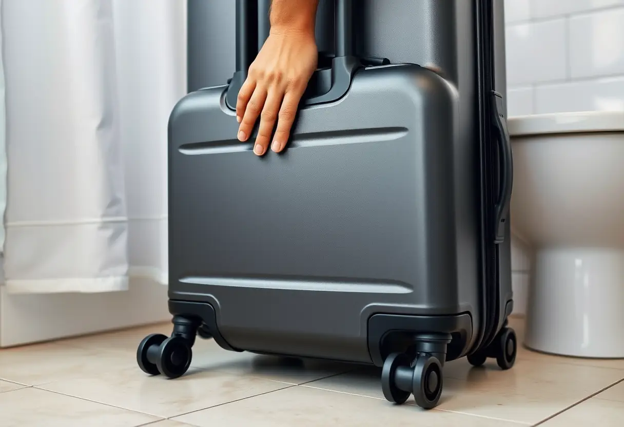 Une main ajuste la poignée télescopique d'une valise solide près d'une douche