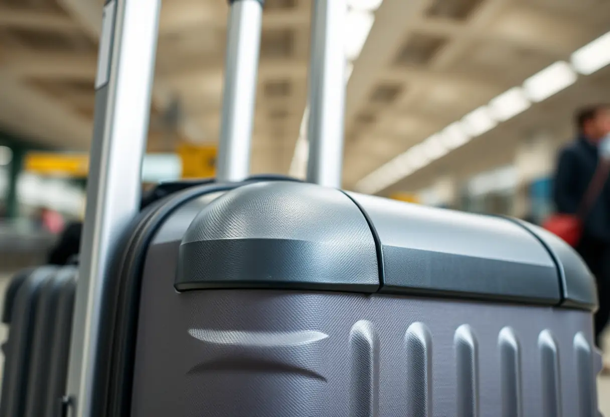 Vue rapprochée des coins renforcés d'une valise rigide dans une gare