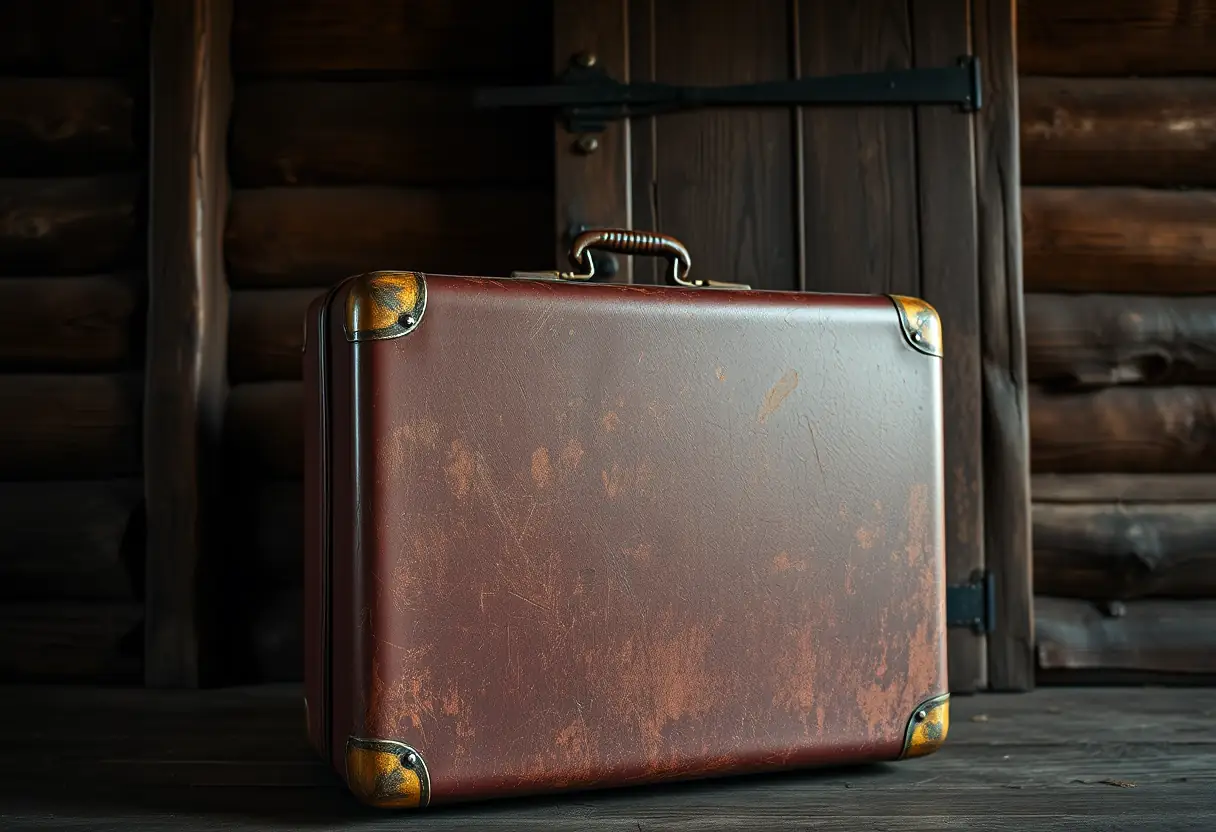 Un sac de voyage rectangulaire usé par les années de voyage, près d'une porte en bois dans une cabane rustique