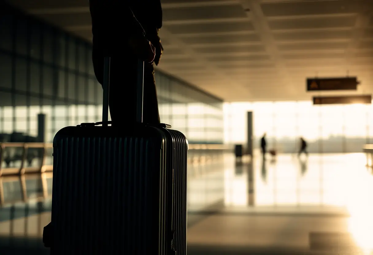 Une personne serre sa valise rigide en aluminium dans l'ombre d'un terminal d'aéroport