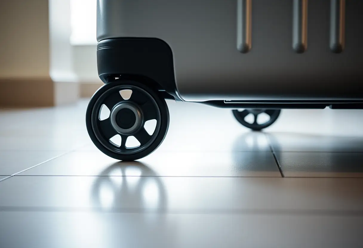Des roues doubles d'une valise roulant sur un sol carrelé, les roues brillent sous la lumière