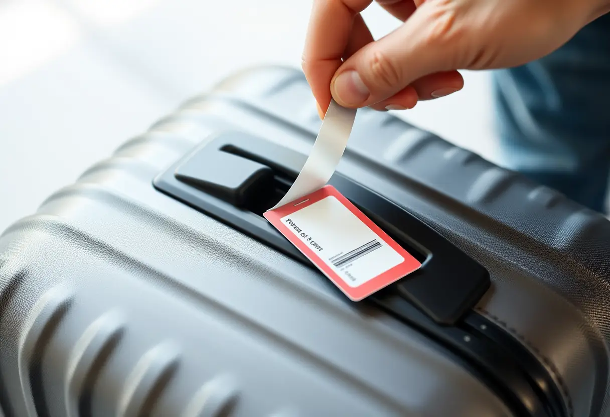 Une main applique adroitement du ruban adhésif pour fixer une étiquette de bagage sur une valise en plastique dur.