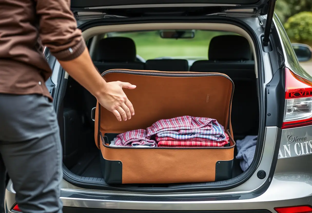 Une personne place une valise rectangulaire dans le coffre de sa voiture, la valise est partiellement ouverte révélant des vêtements pliés avec soin