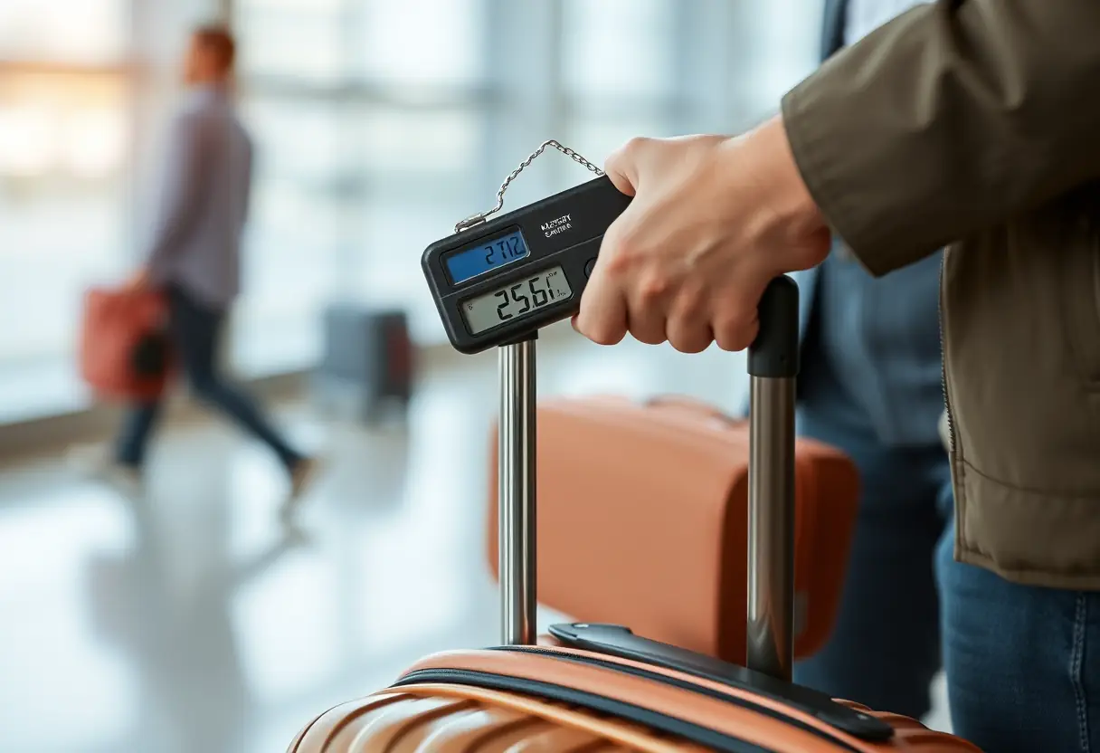 Un voyageur utilise un poids à bagages manuel pour peser sa valise avant de partir, l'échelle affiche un affichage numérique