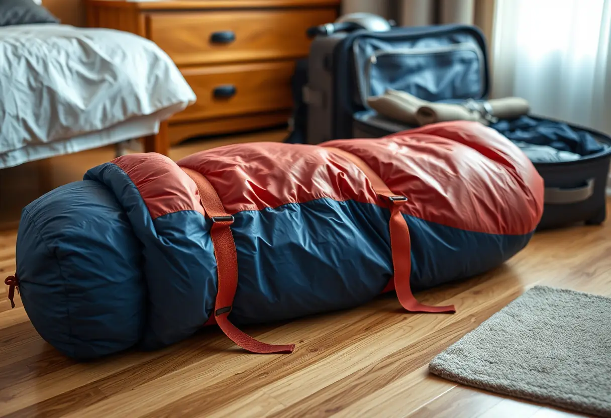 Un sac de couchage enroulé et attaché avec des sangles, posé sur le plancher d'une chambre à coucher près d'une valise partiellement emballée