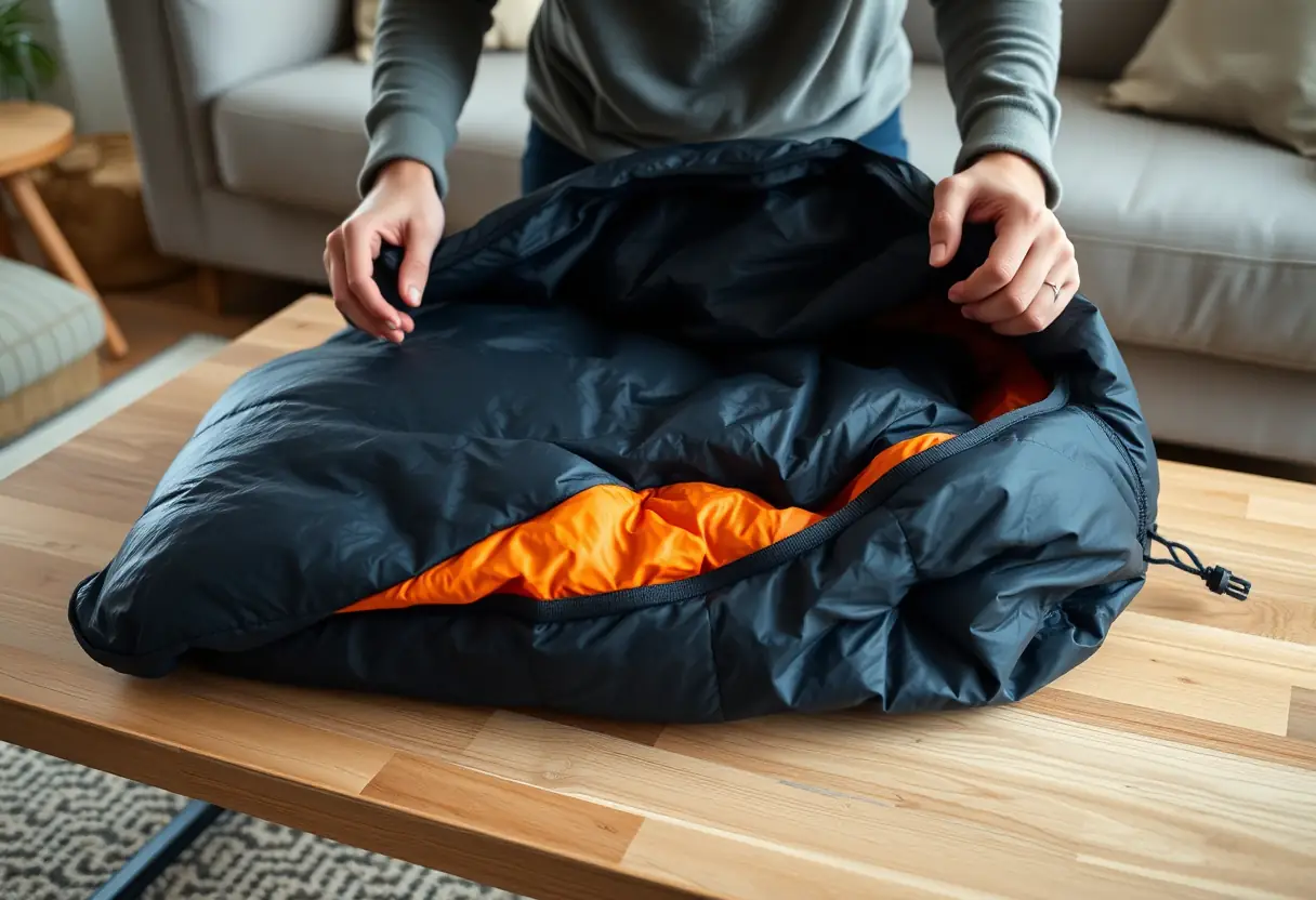 Des mains soigneusement pliant un sac de couchage dans une housse de compression sur une table basse dans un salon