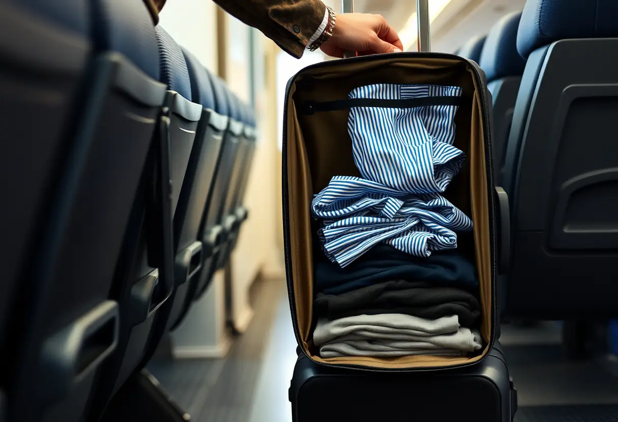 Un passager atteint sa valise à roulettes depuis l'arrière d'un siège, la valise étant ouverte à moitié et révélant des vêtements pliés avec soin