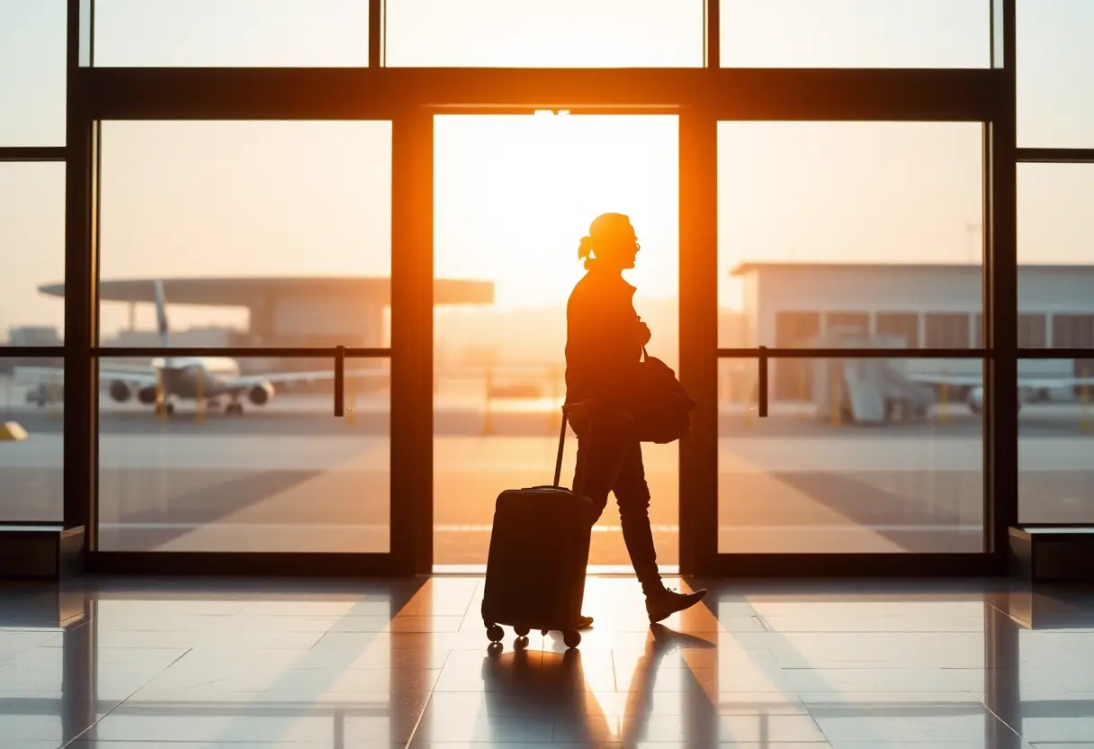 La silhouette d'un voyageur poussant une valise à poignées rétractables à travers une porte coulissante à l'entrée de l'aéroport
