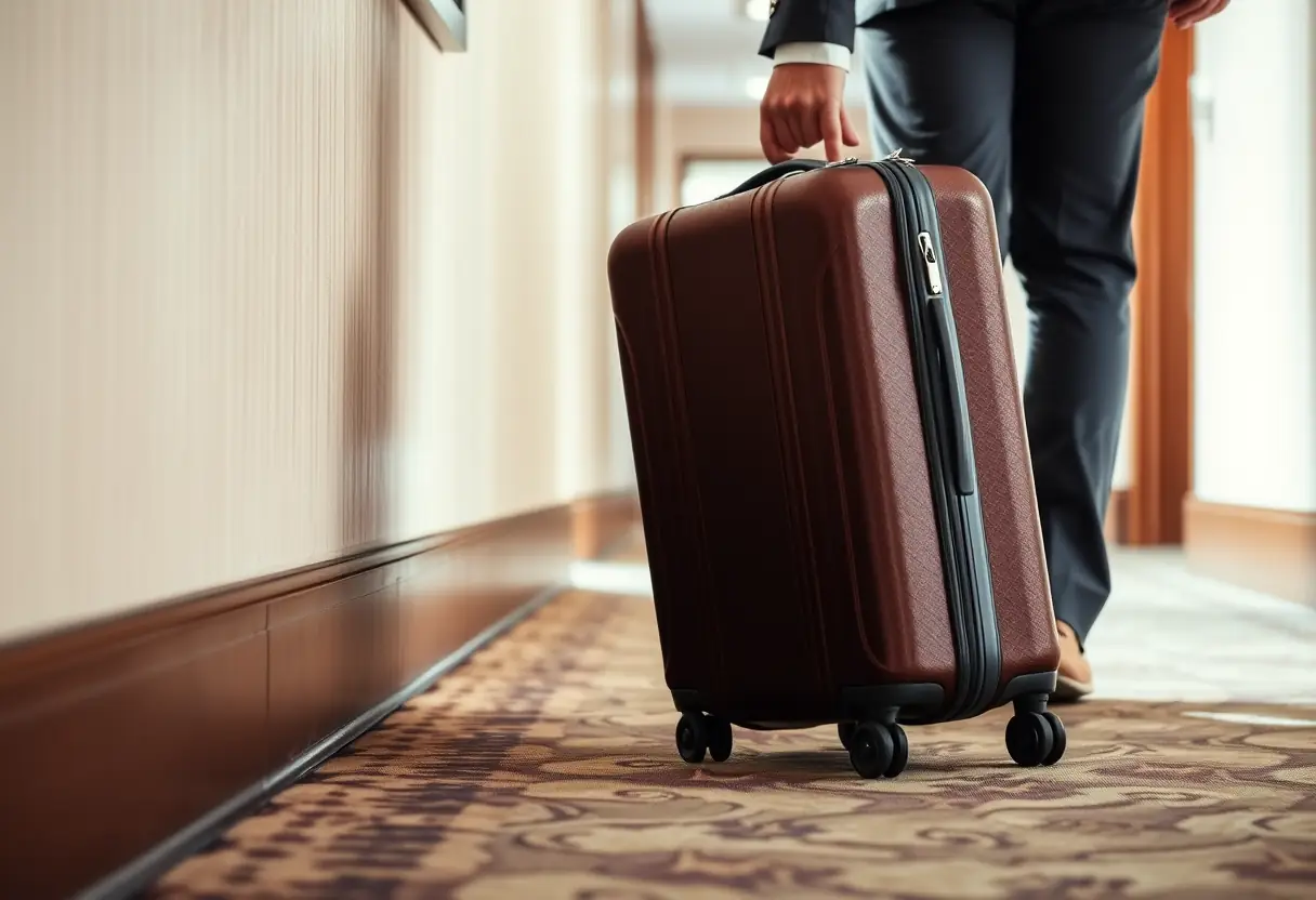 La main qui tourne la roue d'une valise endommagée dans un couloir d'hôtel