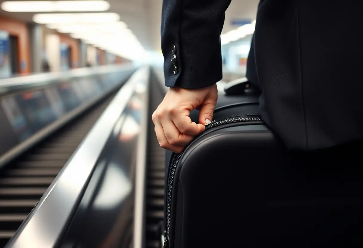 La main d'une personne tire la fermeture éclair d'une valise sur un tapis de bagagerie