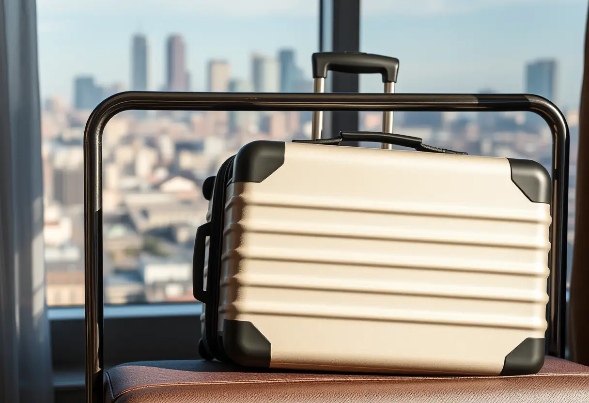 Une valise fermée reposant sur une barre de porte de chambre d'hôtel, avec un skyline de ville visible par la fenêtre