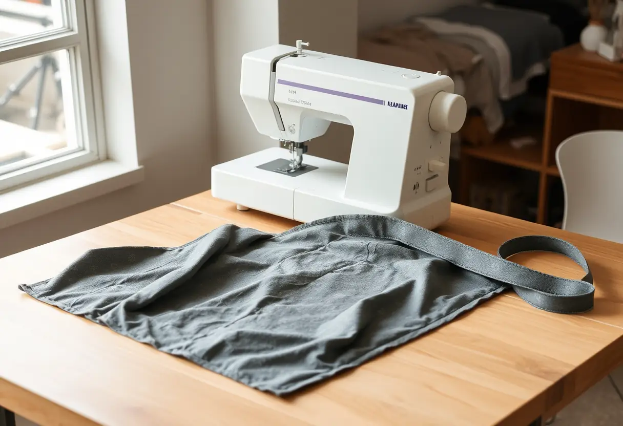 Un couteau posé près d'une pièce de tissu rectangulaire sur une table de travail avec une machine à coudre.