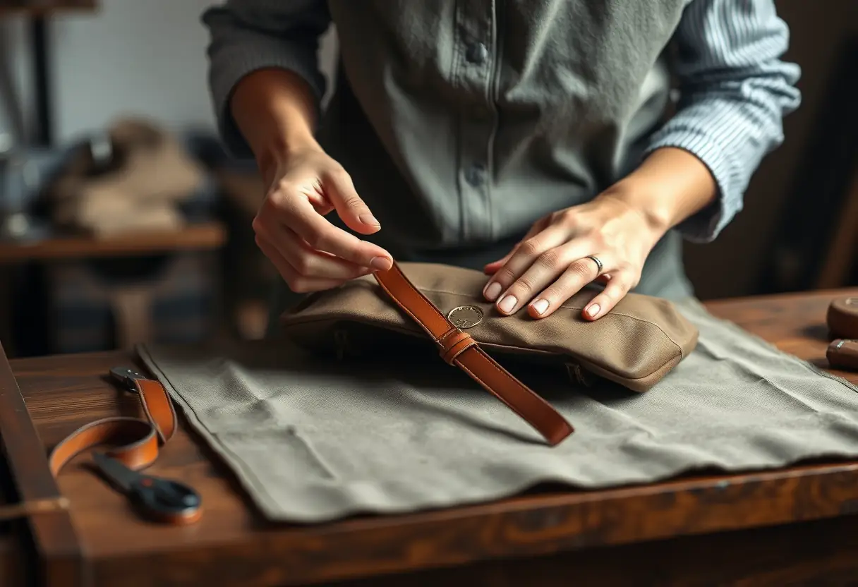 Une couturière tient une lanière en cuir entre ses mains pour la coudre sur un sac de voyage posé sur une table.