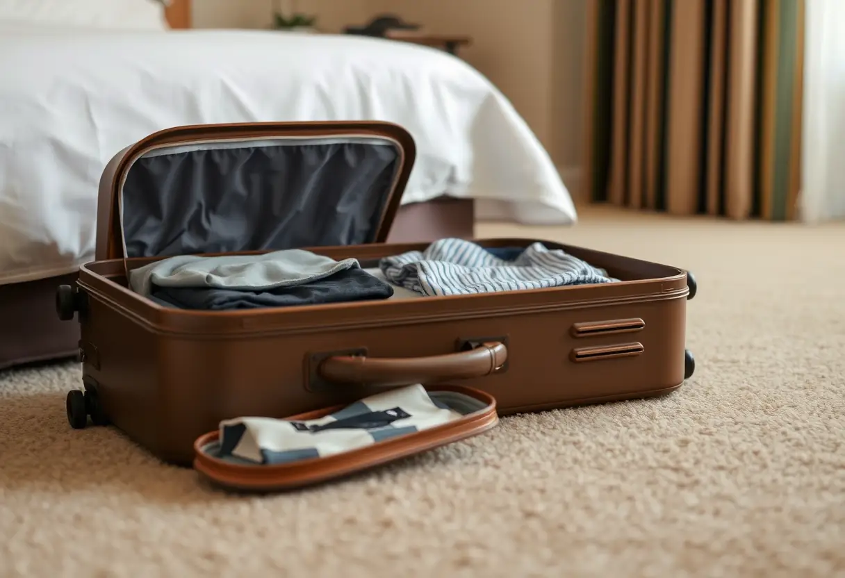 Une valise ouverte dans une chambre d'hôtel avec des vêtements pliés lors de la préparation d'un road trip.