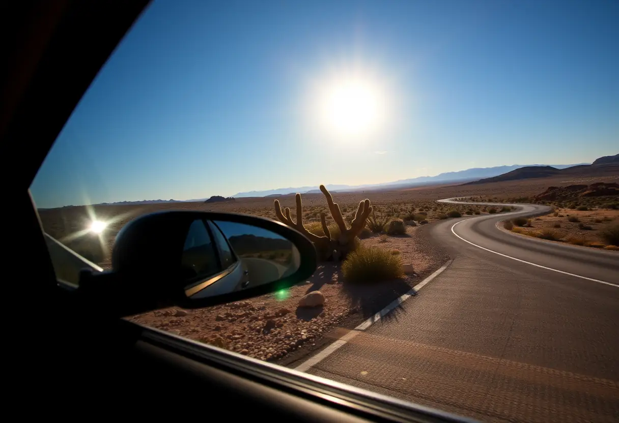 Vue par la fenêtre d'une voiture avec un désert infini sous un ciel bleu clair