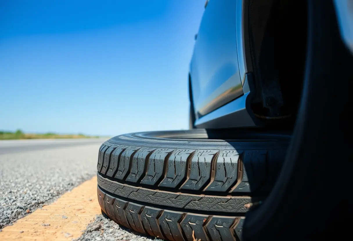 Un pneu de voiture sur le bas-côté