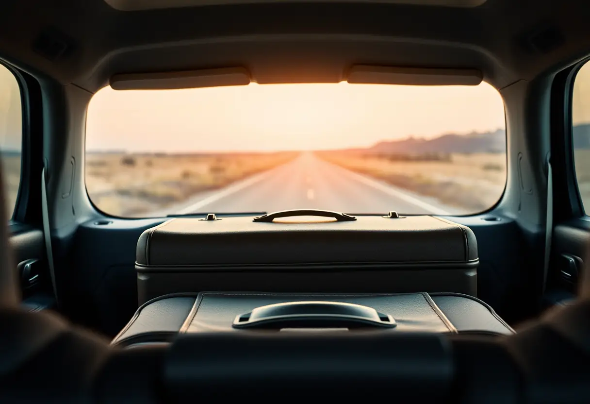 Une valise fermée posée sur la banquette arrière d'une voiture, avec une route s'étirant hors de la vitre arrière
