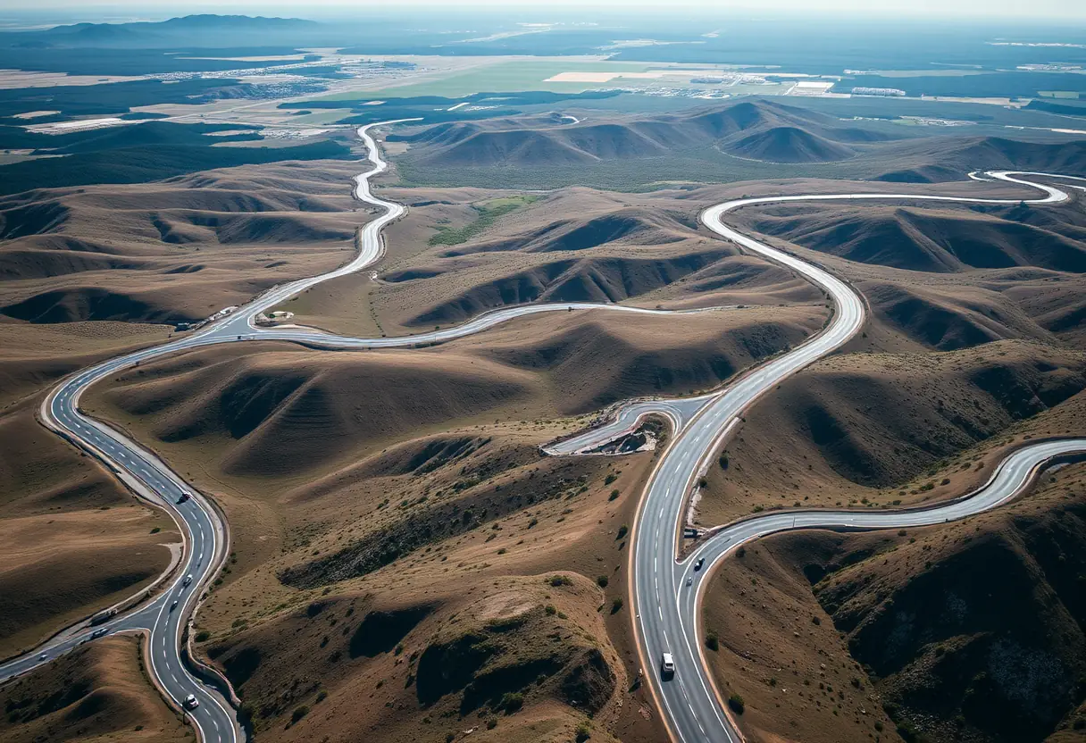 Vue panoramique d'une route sinueuse avec plusieurs voitures sur fond de paysage