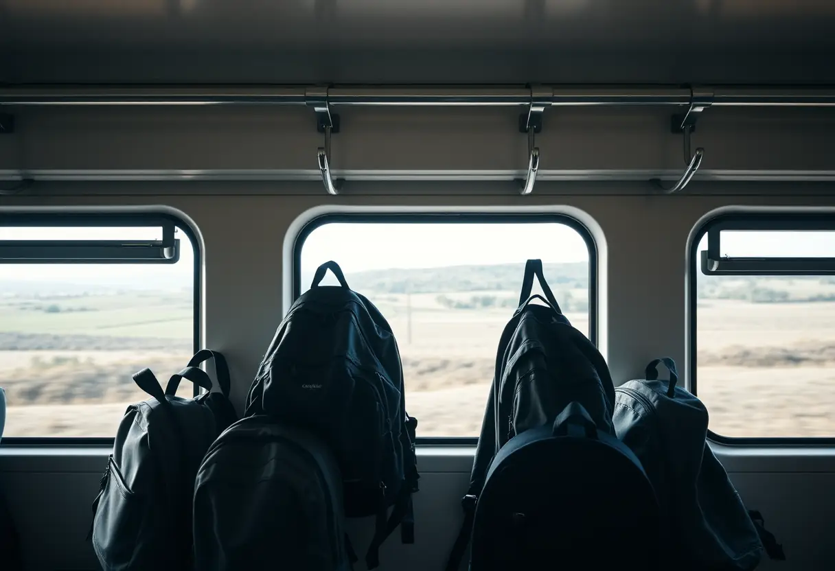 Un groupe de sacs à dos accrochés aux crochets d'un wagon de train, avec un paysage qui se déplace derrière la fenêtre