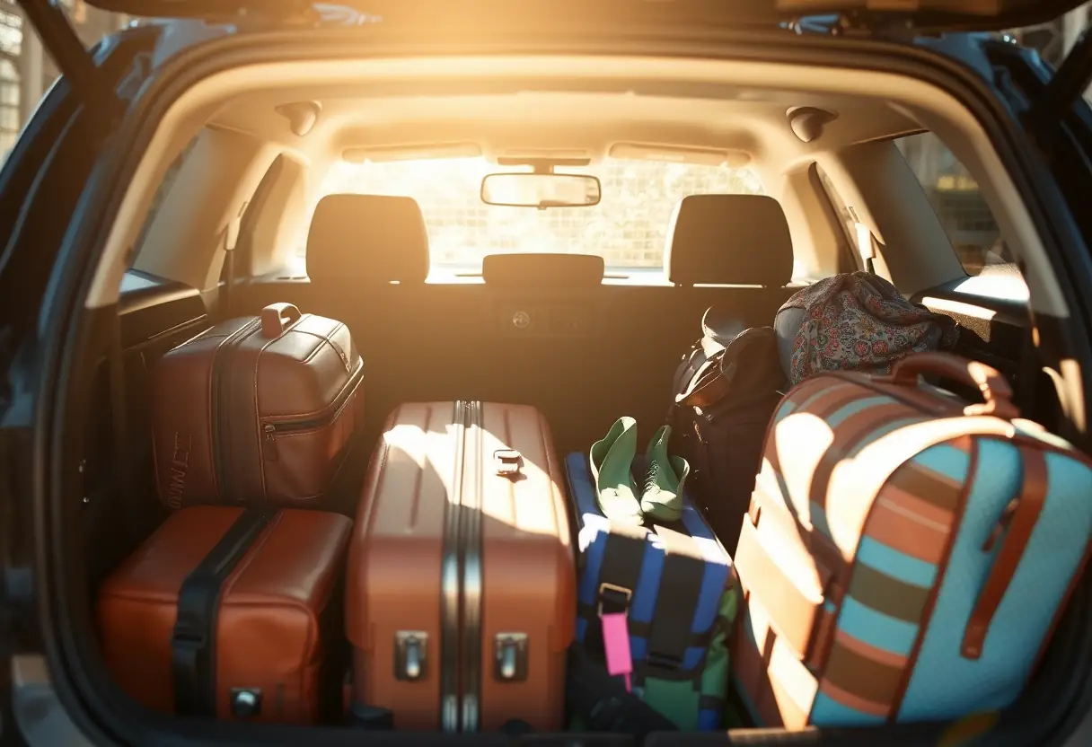 Un coffre de voiture rempli de valises bien rangées et d'accessoires de voyage