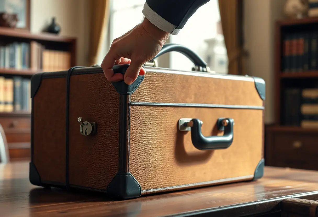 Une main tourne la clé d'un cadenas de valise posée sur un bureau en bois avec un pommeau en cuir noir.