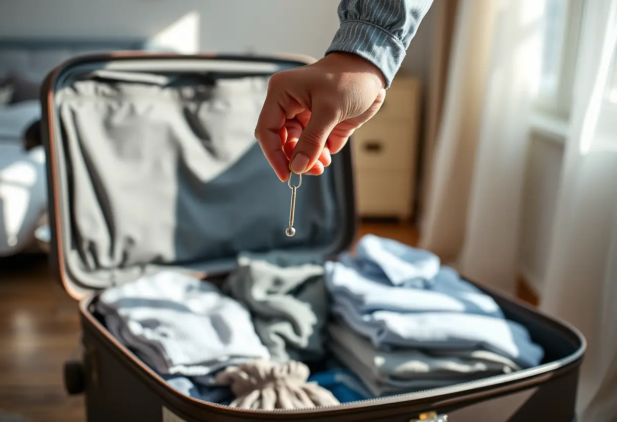 Une personne tient un petit déverrouilleur métallique à côté d'une valise ouverte dont l'intérieur montre des vêtements pliés soigneusement dans une chambre baignée de lumière du soleil.