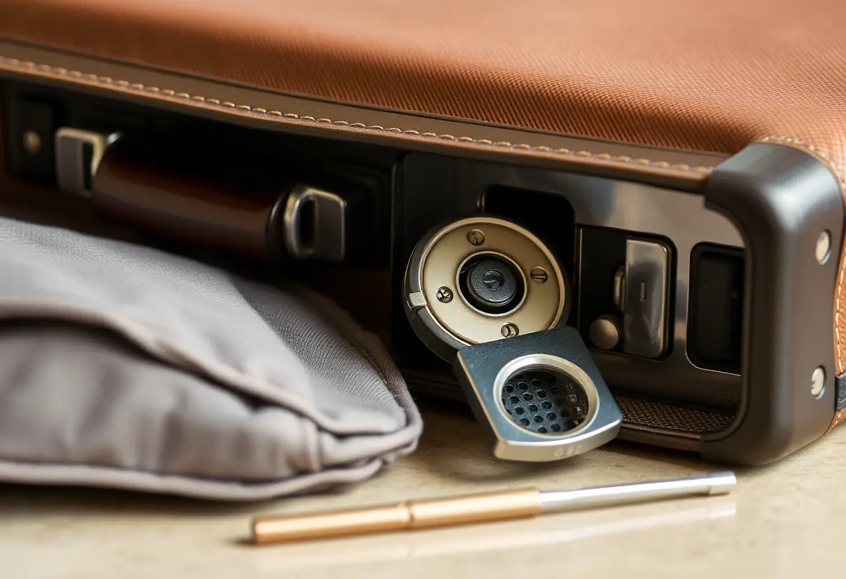 Une valise couchée sur le côté, révélant le mécanisme de cadenas ouvert, avec des outils tels qu'un pic métallique fin près de la valise