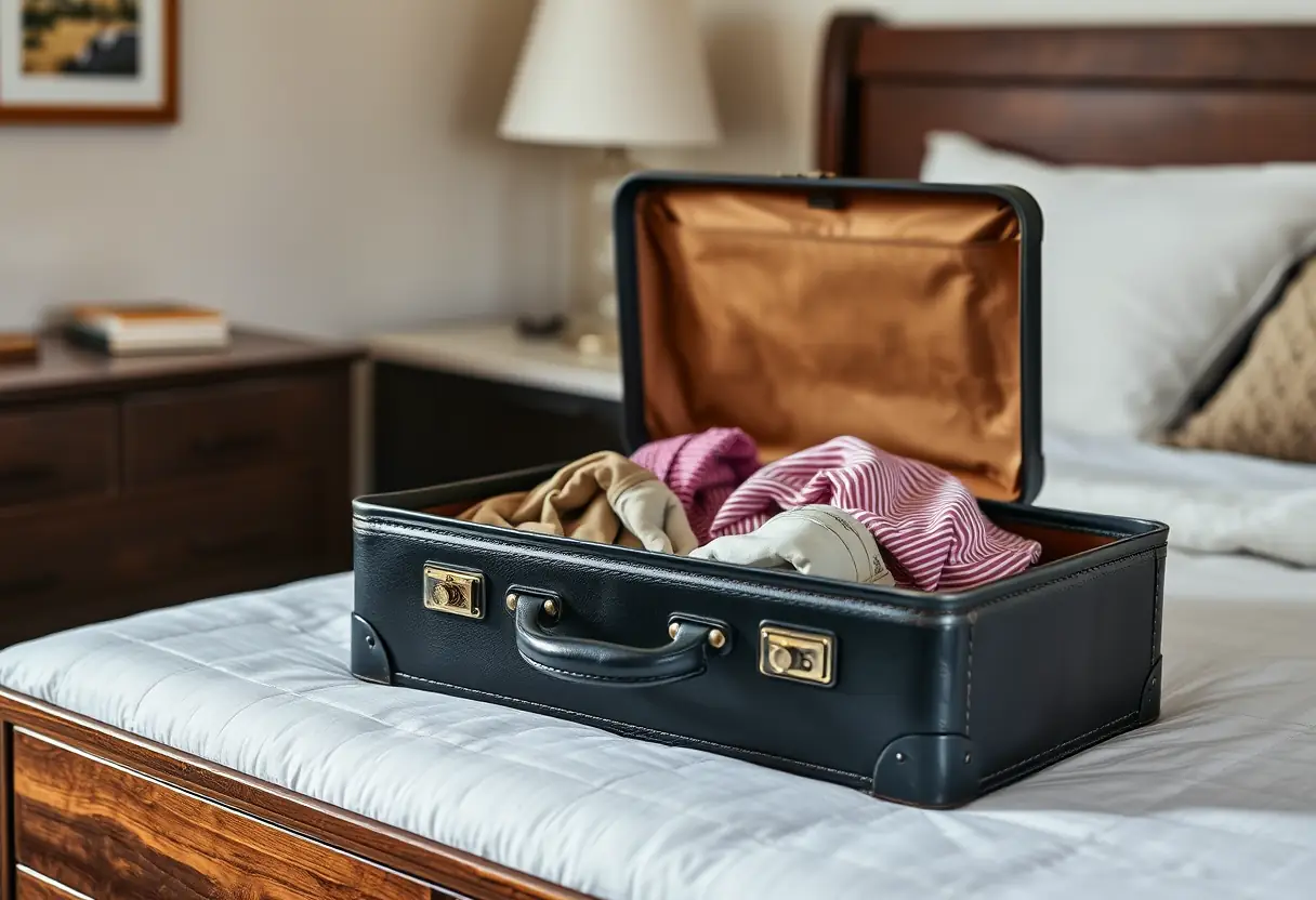 Une valise en cuir noir posée sur une commode dans une chambre, le cadenas ouvert révélant ses contenus emballés